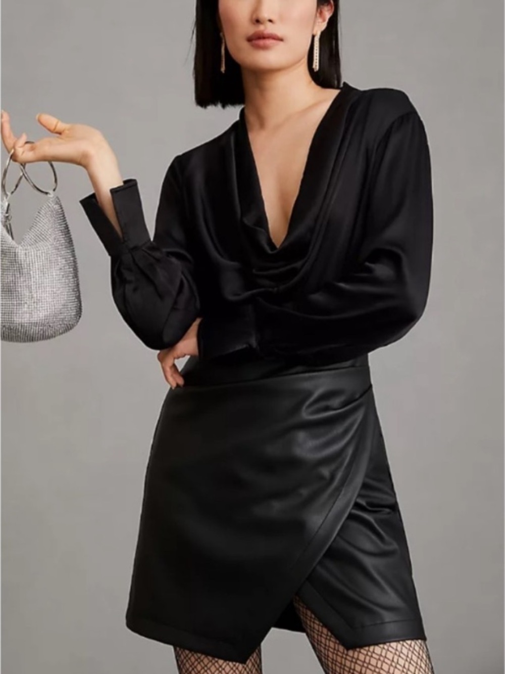 Anthropologie Maeve Black Dress Vegan Leather Draped Cowl Neck Mini 36373